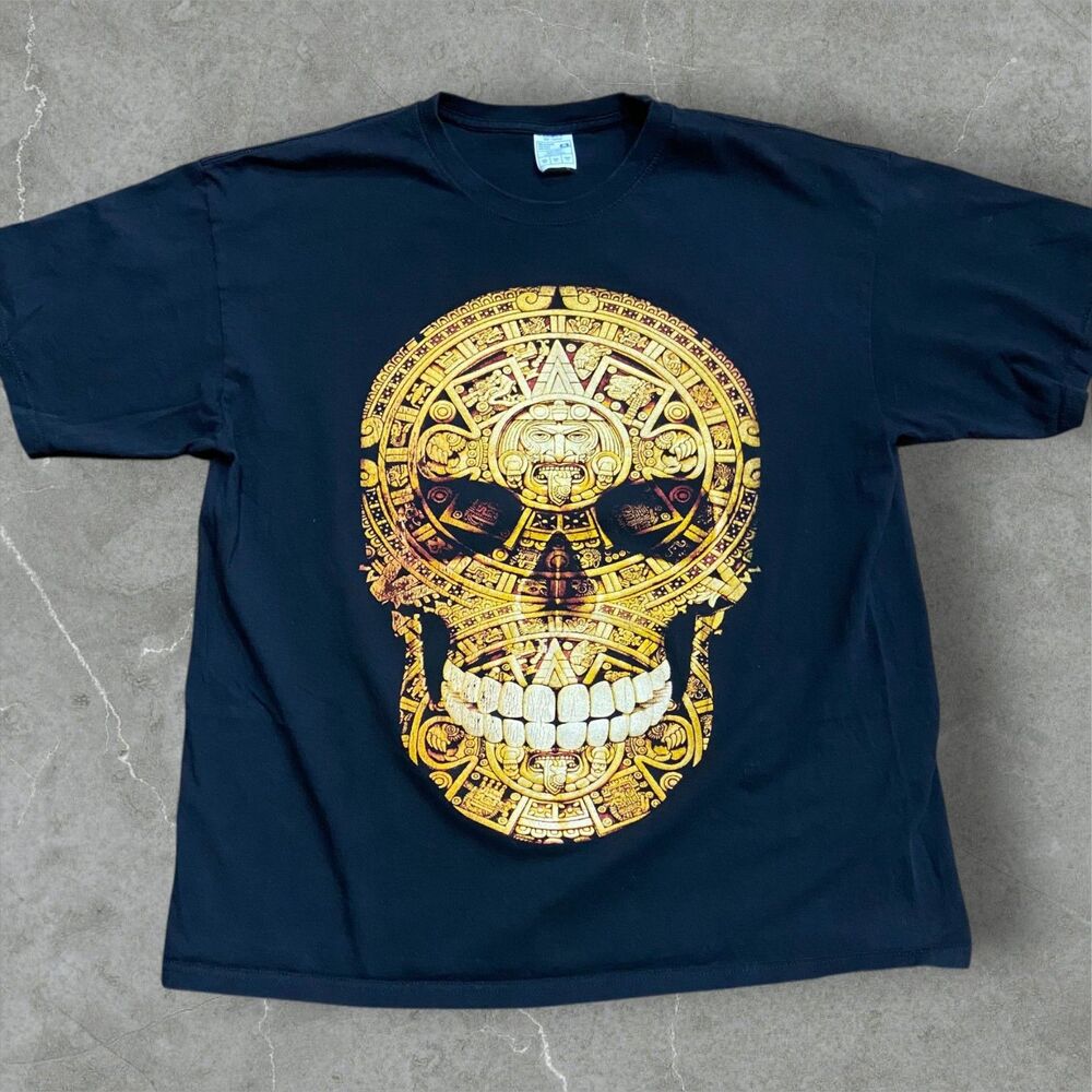 Caballero Mexico Aztec Mayan Golden Skull T-Shirt Cotton Men's Size XL